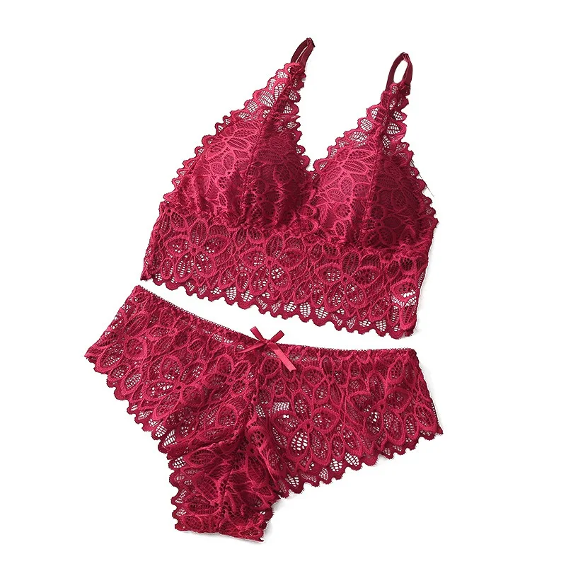 Ensemble de lingerie sexy en dentelle pour femme, soutien-gorge sans armatures et sans coutures, ensembles de soutien-gorge et culottes ajourés pour femme, lingerie brodée