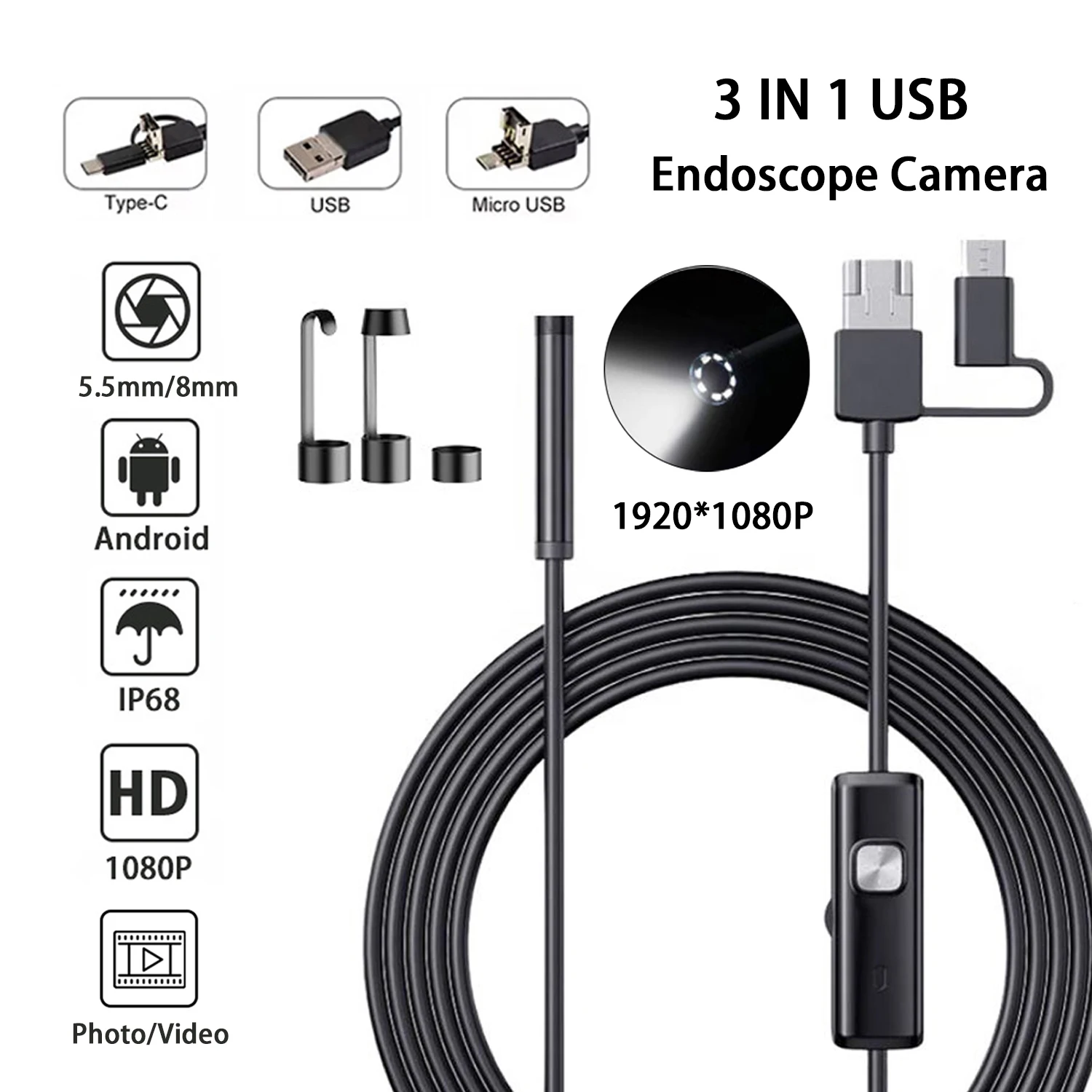 Industria Endoscope Camera Dual Lens 3in1 Type-C Micro USB Inspection  Borescope LED Waterproof Rigid Cable for Android Phones PC - AliExpress