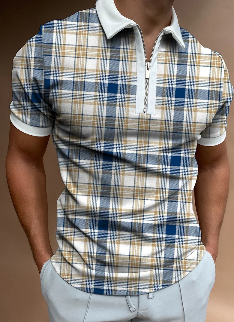 

Summer new POLO polo shirt sports casual zipper checkered men's T-shirt short-sleeved top