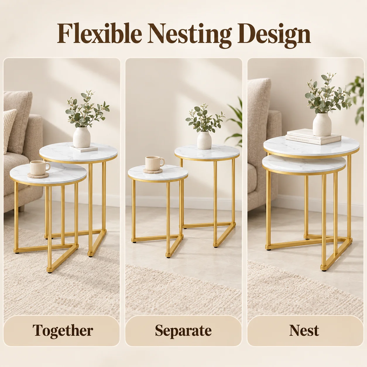 Set of 2 Round Nesting Side Tables 45cm Sintered Stone Tops Gold Metal Frame for Living Room Sofa Side