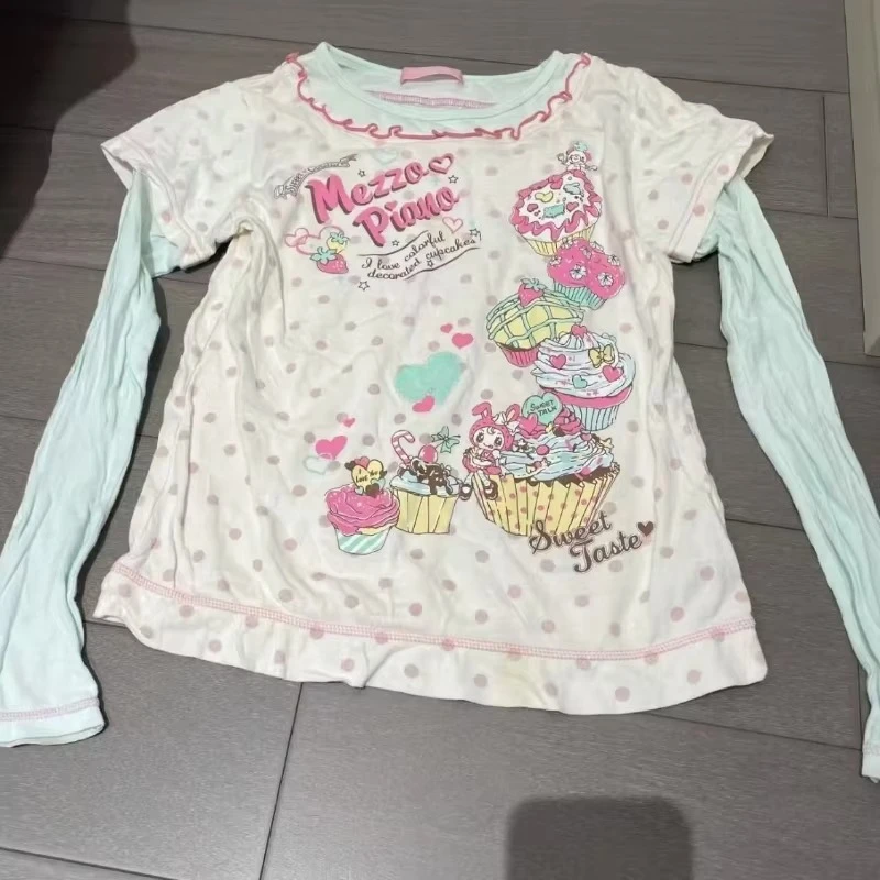 Sweet Kawaii Cartoon Tshirts Polka Dot Print Women T-shirt Loose Casual Contrast Color Cute Graphic Tee Tops Japan Y2k Aesthetic 2