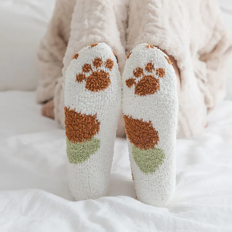 Fleece Cat Paw Socks Winter Warm Floor Sock Plush Women Short Sleep Sock  Coral Fluffy Cute Soft Warm Snowfield Thick Sox