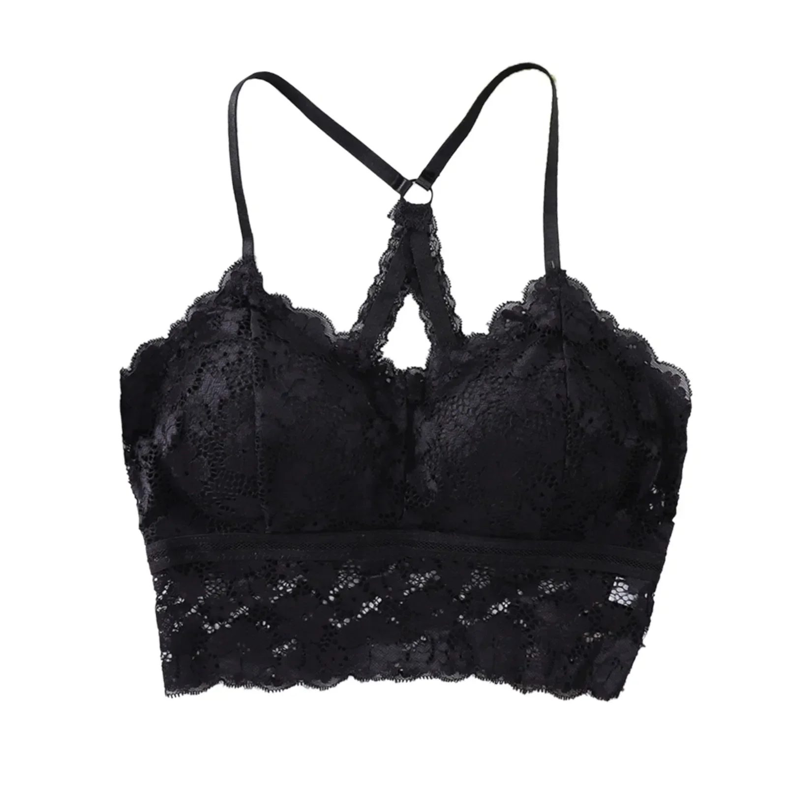 Women White Crop Tops Lace Print Camisole Sexy Hollow Backless Bra Removable Chest Pad Bralette Solid Beauty Back Tank Top