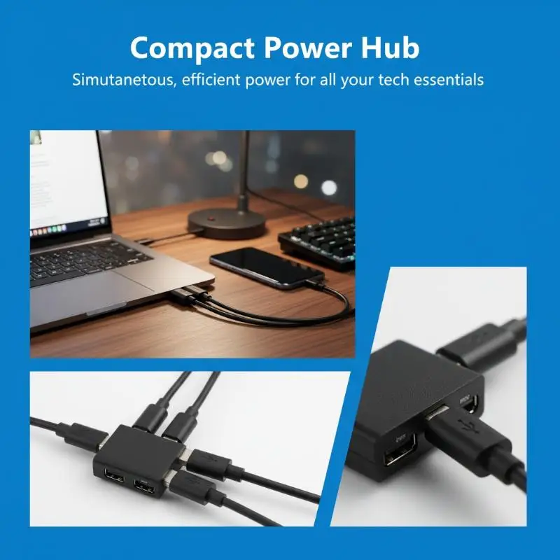 USB 타입 C 전원 분배기 어댑터 모듈 1입력 2출력, 책상에서 휴대폰 및 태블릿 동시 충전 가능