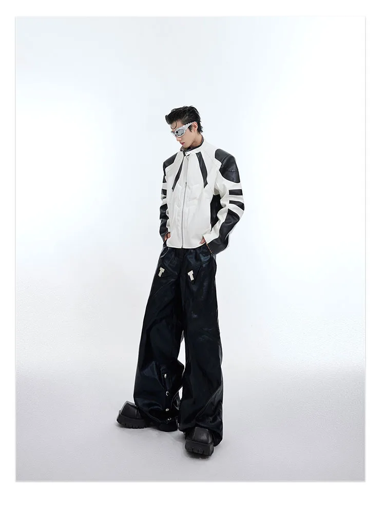 Description Picture 4 of itemIEFB Liquid Men's PU Leather Pants Punk Bright Surface Patchwork Metal Decoration Male Wide Leg Trousers Spring New Chic 9C4725