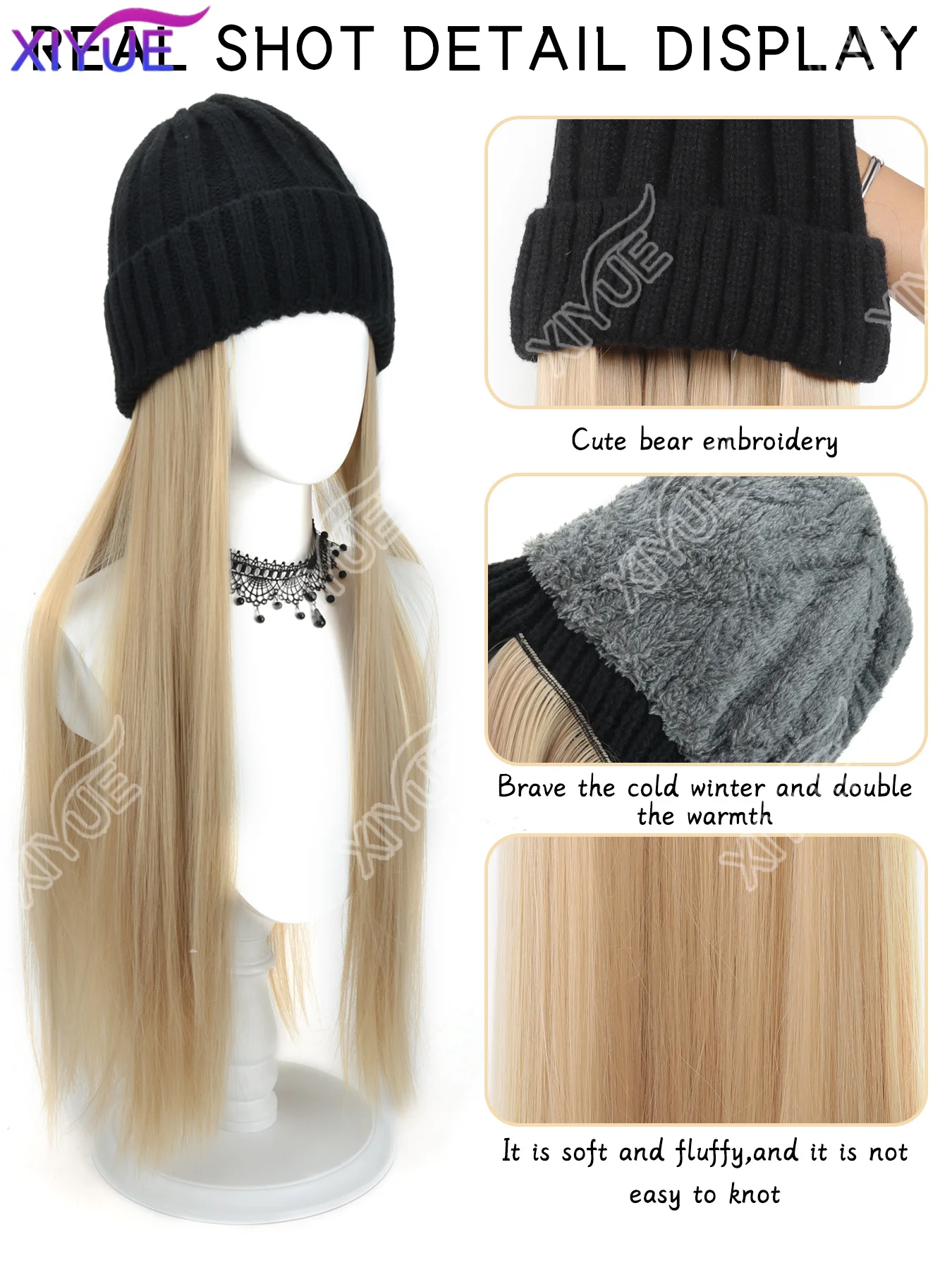 XIYUE Long Synthetic Straight Dark Brown Wigs with Hat Cap Adjustable Hair Wig with Hats for Ladies and Girls Daily Winter Wear