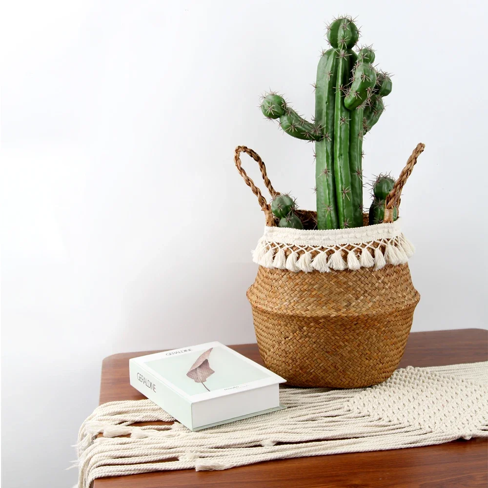 Foldable Handwoven Wicker Storage Baskets Potted Planter Laundry Basket Folding Eco-Friendly Boho Rattan Hanging Basket Seagrass