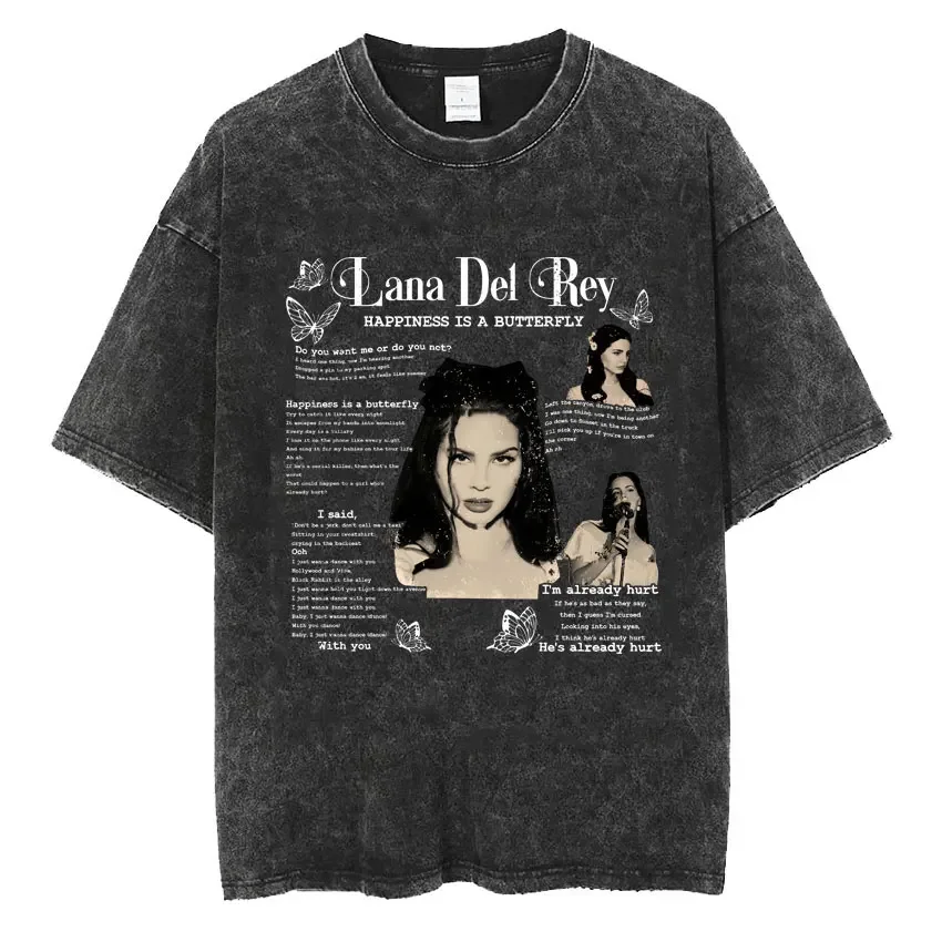 

Hip Hop Singer Lana Del Rey The Eras Tour 90s Vintage Washed T-Shirt Black Gray T Shirt Short Sleeve Harajuku Oversized Tees