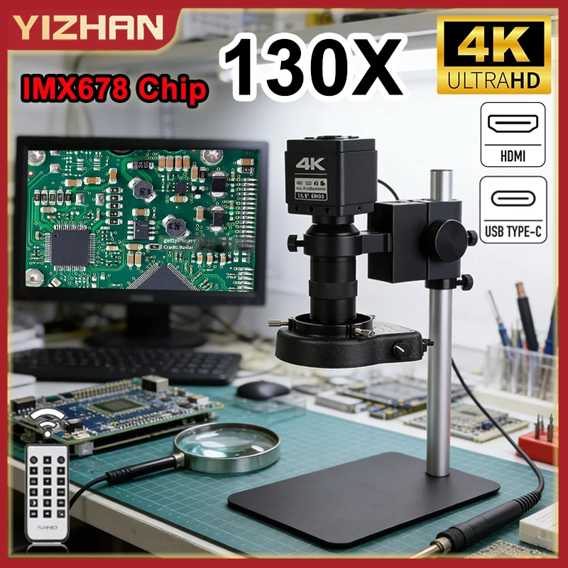 YIZHAN 130X 렌즈 디지털 현미경(납땜용) UHD 4K IMX678 카메라 HDMI Type-C 1080P 60FPS 현미경 도구 소형 베이스
