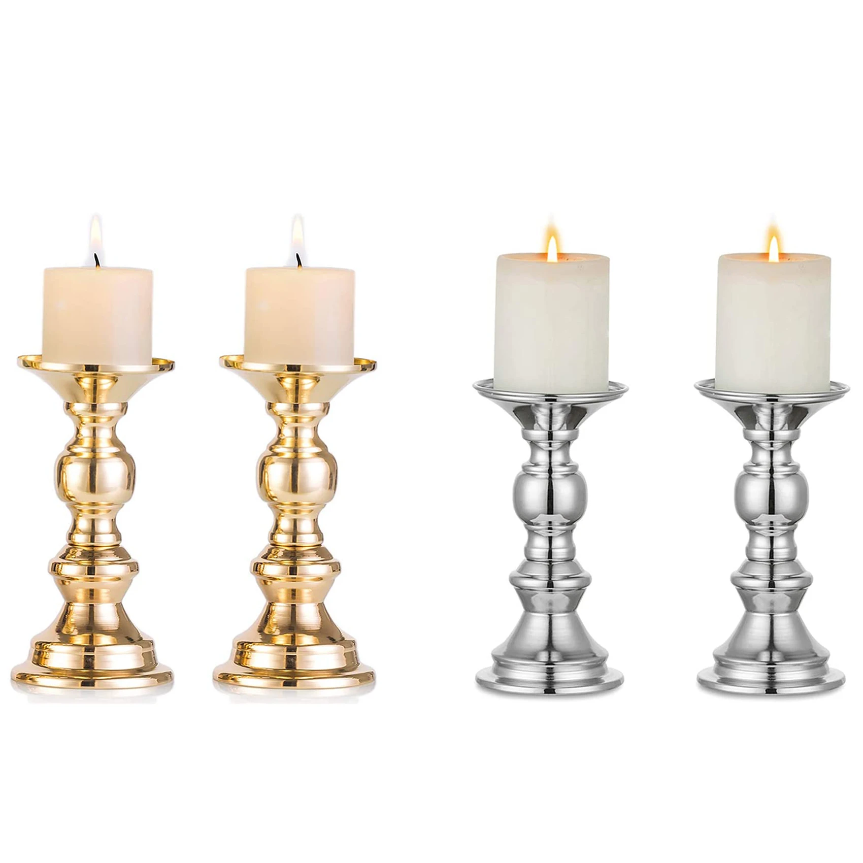 Set Of 2 Candlestick Metal Pillar Candle Holders, Gold Holder Wedding