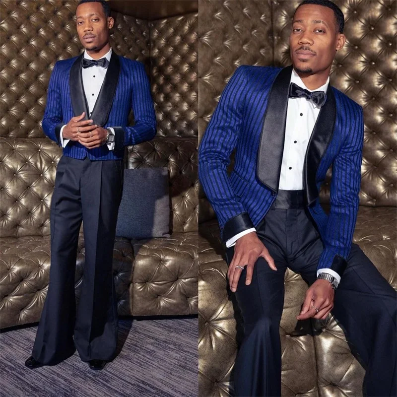 

Blue Stripe Wedding Bridegroom Men Suits 2 Pieces Blazer+Pants Custom Made Formal Satin Lapel Jacket Groom Prom Evening Dress