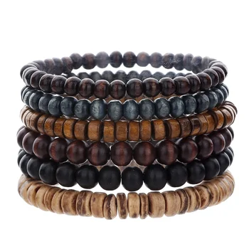 Best-selling Multi-layer Buddha Wood Bead Bracelets Sets Men's Retro Style Multi-layer Elastic Thread Adjustable Wooden Bracelet