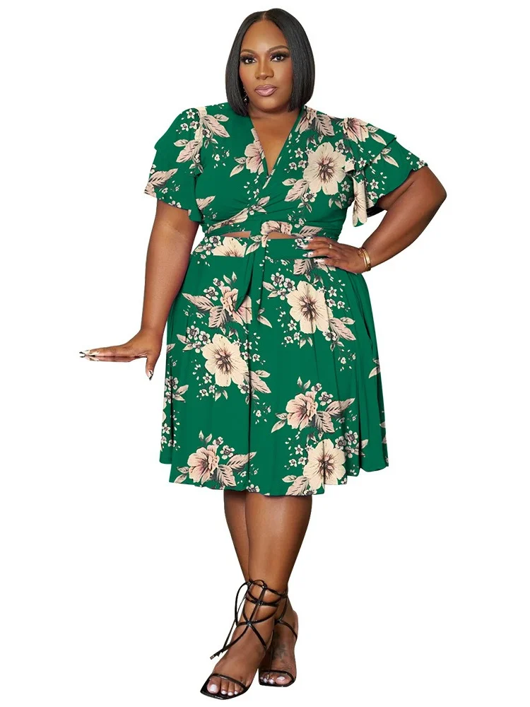 Wmstar Plus Size Shorts Sets Casual V Neck  Crop Top and Short Skirts Two Piece Women Matching Outfits Wholesale Dropshipping