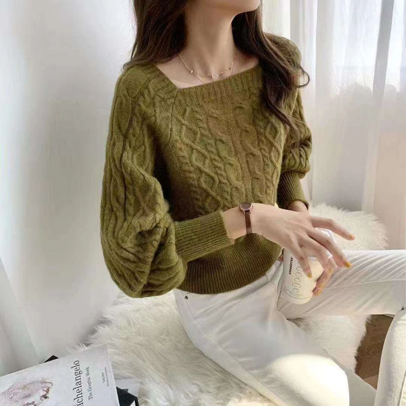 Fashion New Square Collar Women's Autumn and Winter Lantern Sleeve Sweater Elegant Pullover Office Casual Knitwear Top