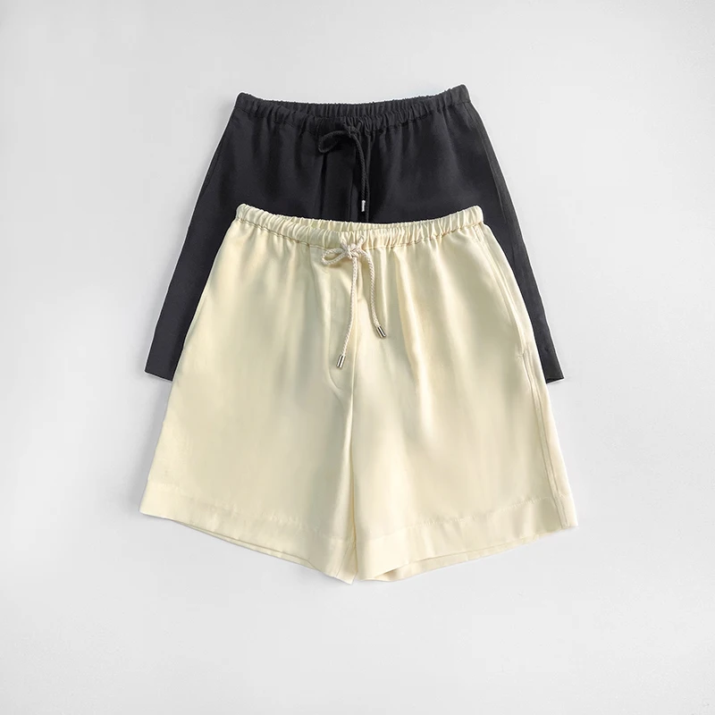 

Linen blend pressed pleated drawstring women's shorts elastic high waist y2k thin section casual straight shorts 2023 summer new