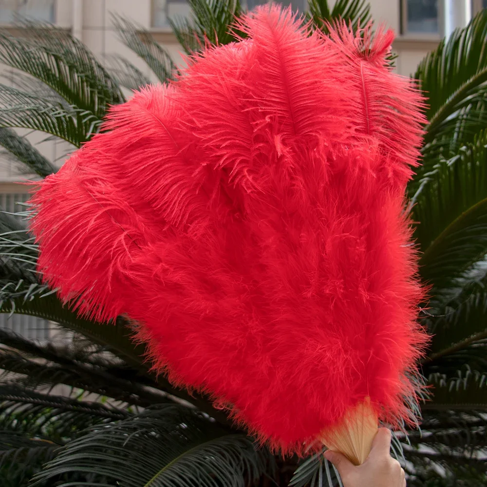 Natural Ostrich Feather Fans Red 13Bone 90/130cm Left Right Hands Held Folding Fan Carnival Stage Performance Props Plumes