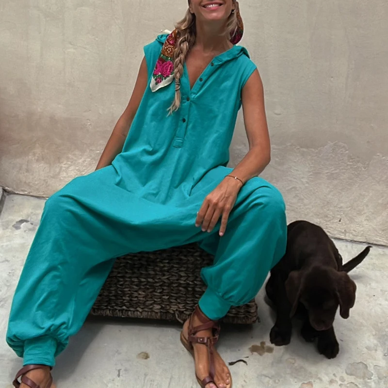 

Fashion Buttoned Hooded Pullover Jumpsuit Spring Solid Pocket Cross-Pants Playsuit Rompers Summer Sleeveless Tank Women Overalls