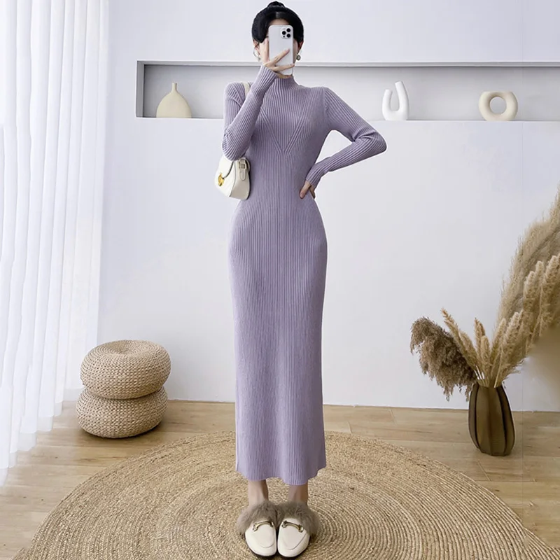 

New Women Long Sleeve Sweater Dress Autumn Winter Fashion Half High Collar Hip Wrap Slim Knitted Dress Sexy Overlength Sweater