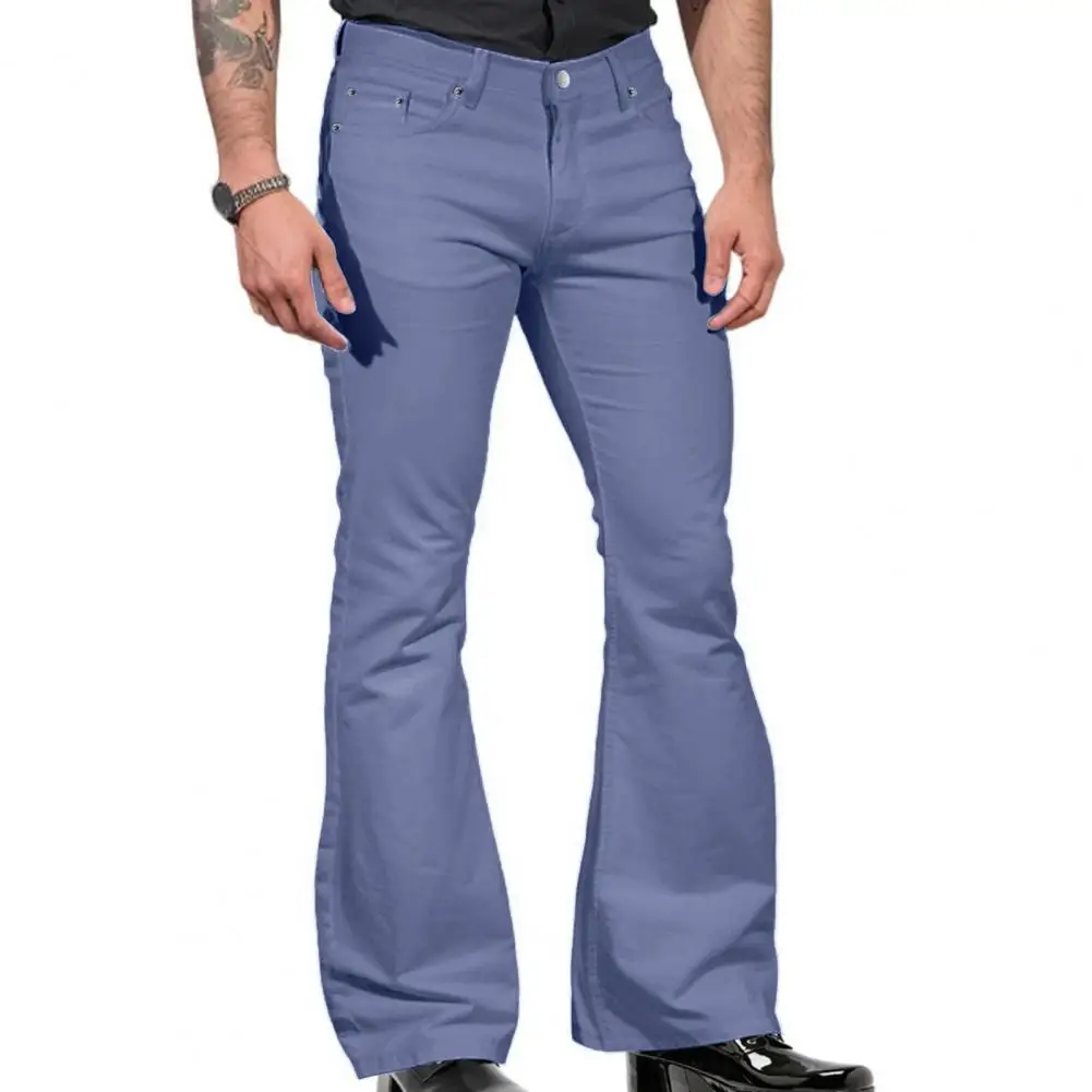 Stylish Men Flared Trousers Men's Vintage Flared Bell Bottom Jeans Solid Color Stretchy Slim Fit Mid-rise Trousers Harajuku