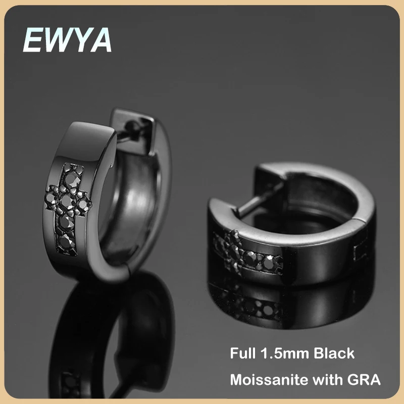 EWYA Full 1.5mm 0.18cttw Black D Color Moissanite Hoop Earrings For Men Women 925 Silver Pass Diamond Test Small Ear Buckle Gift