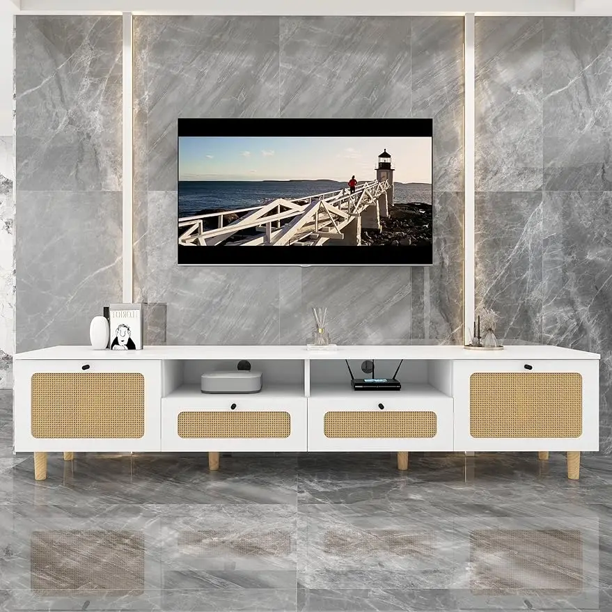 

White TV Stand with Rattan Doors,70inch Television Stands for Living Room,Wood TV Stand with Storage