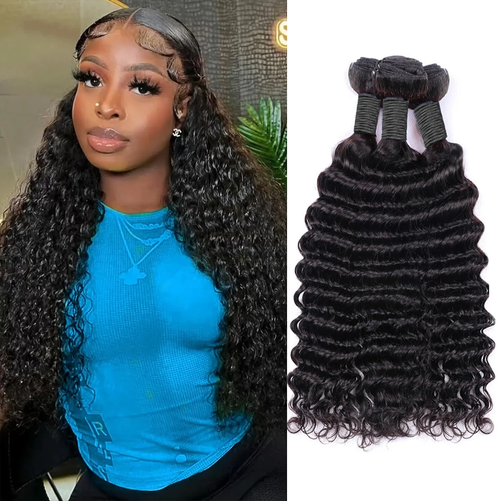 100% Human Hair Bundles Curly Bundles Deep Wave Human Hair Natural Black Color Extensions Remy Brazilian 36 40 Inch