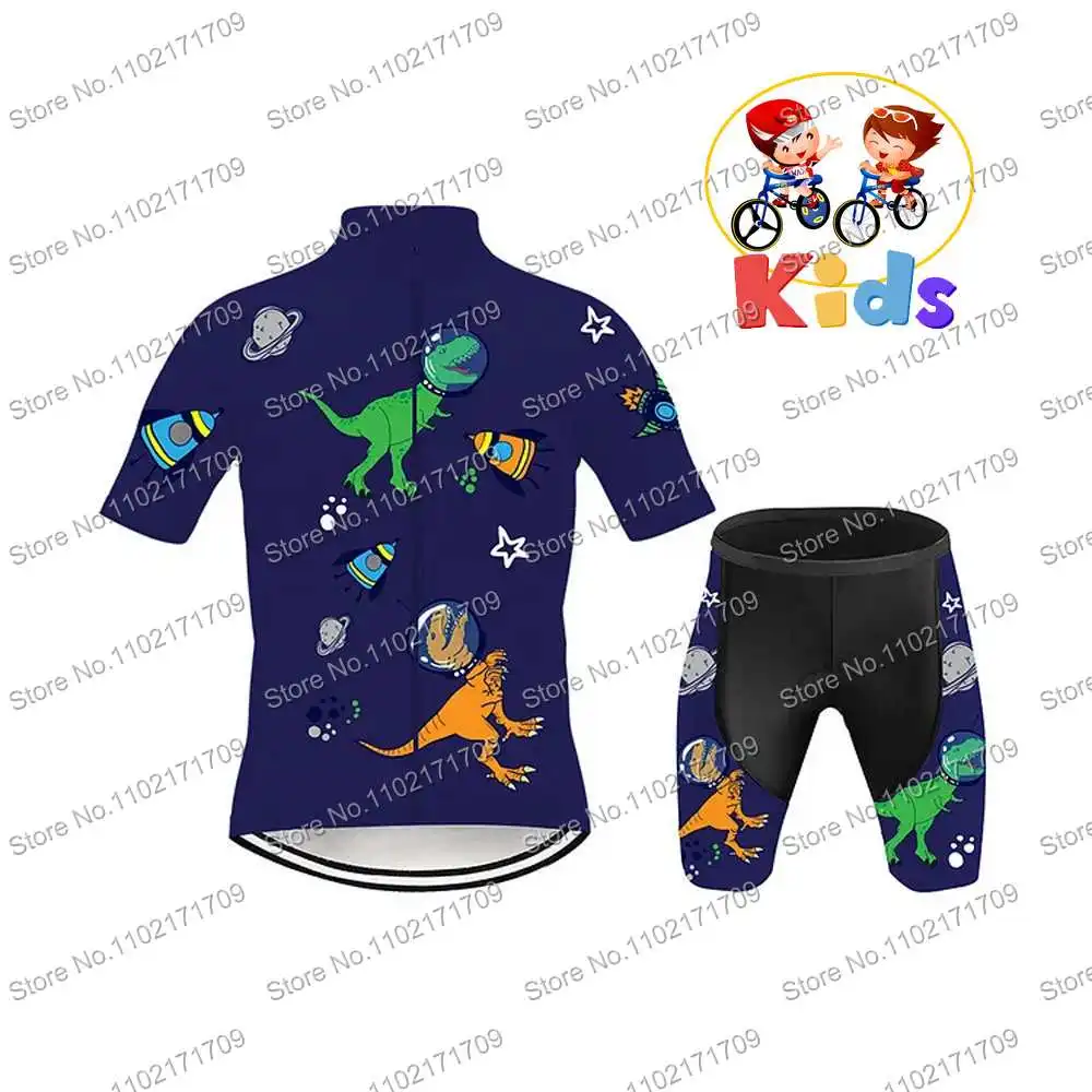 Kids Dinosaur Pattern Funnny Cycling Jersey Set Short Sleeve Quick Dry Road Bike Shirts Suit Blue Black Bike Wear MTB Maillot