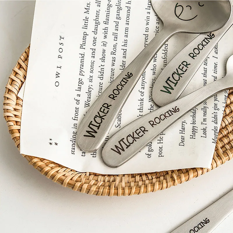 Stainless Steel 304 Kids Cutlery Cartoon Smiling Pattern Carving Child Tableware Cute Spoon Fork Set Baby Feeding Flatware