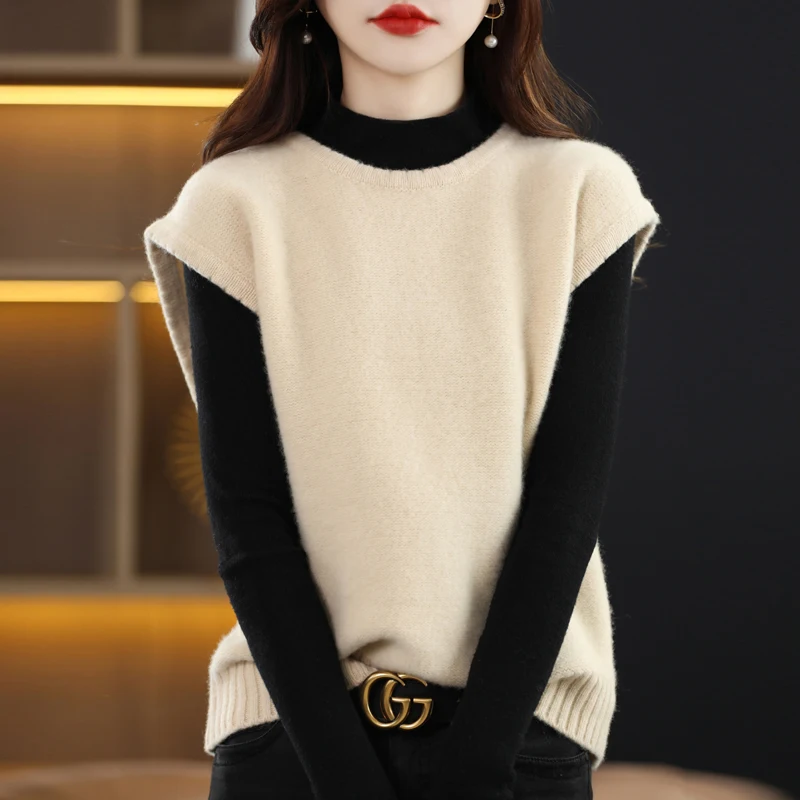 

BELIARST 100% Merino Wool Vest Women's Round neck Pullover Vest Casual Knitting Loose Tops Fashion Korean Vest