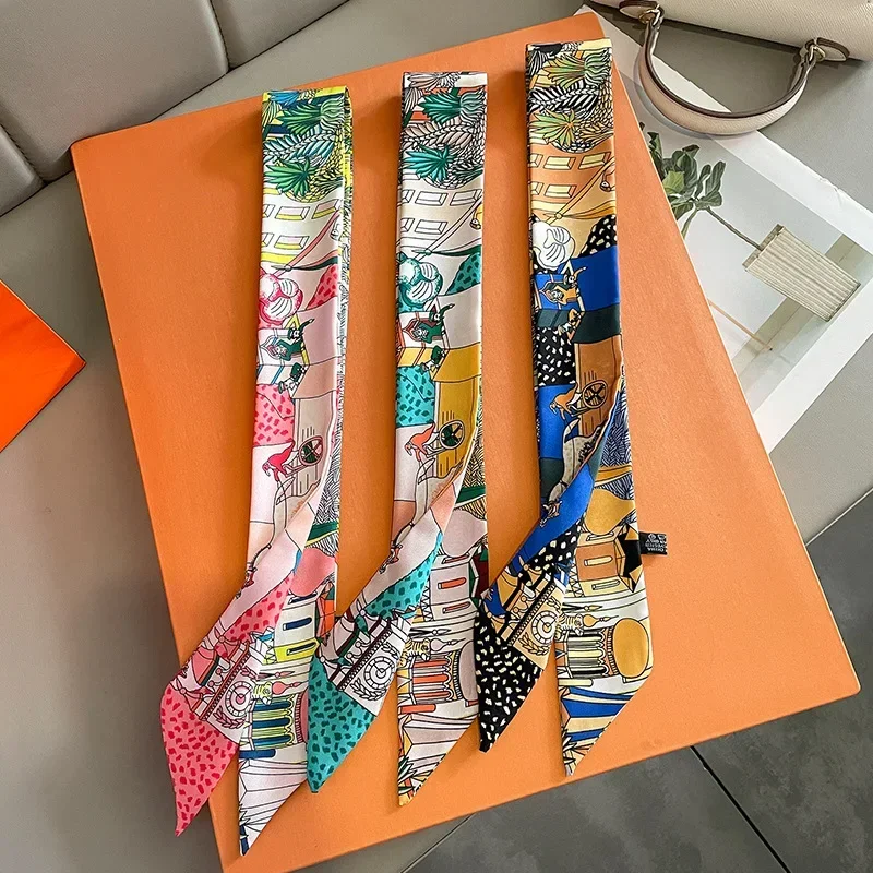 Luxury Design Horse Print Skinny Silk Ribbon Scarf Women5x85cm Hairband Soft Satin Female Foulard Floral Headband Bag Neck Ties 3
