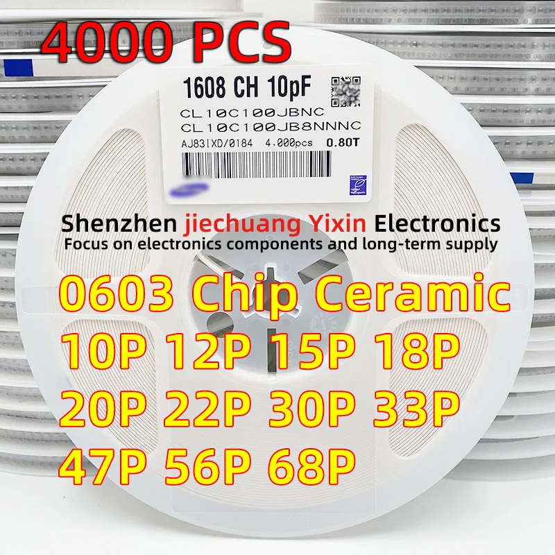 

4000pcs Chip Ceramic Capacitor 0603 10PF/15P/18P/20P/22P/30P/33P/36P/47P/56P/68P 50V 5% accuracy COG material 1608 Capacitance