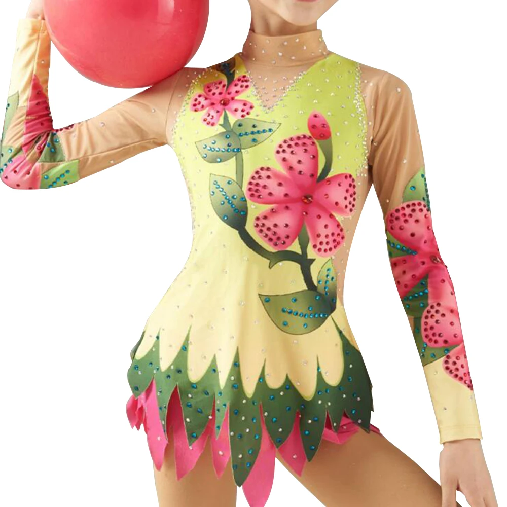 

LIUHUO rhythmic gymnastics Leotards competition art test girls performance can be customized yellow printing diamond