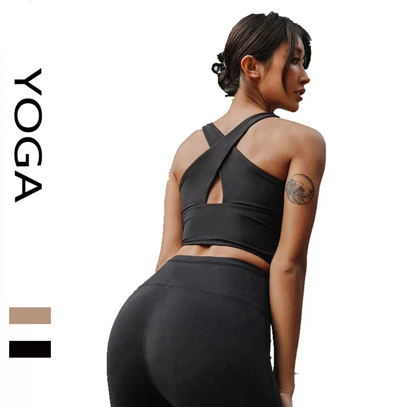 Soutien-gorge à col croisé antichoc et pantalon d'entraînement de levage de hanche, haut de yoga, ensemble de fitness, froncé, précieux