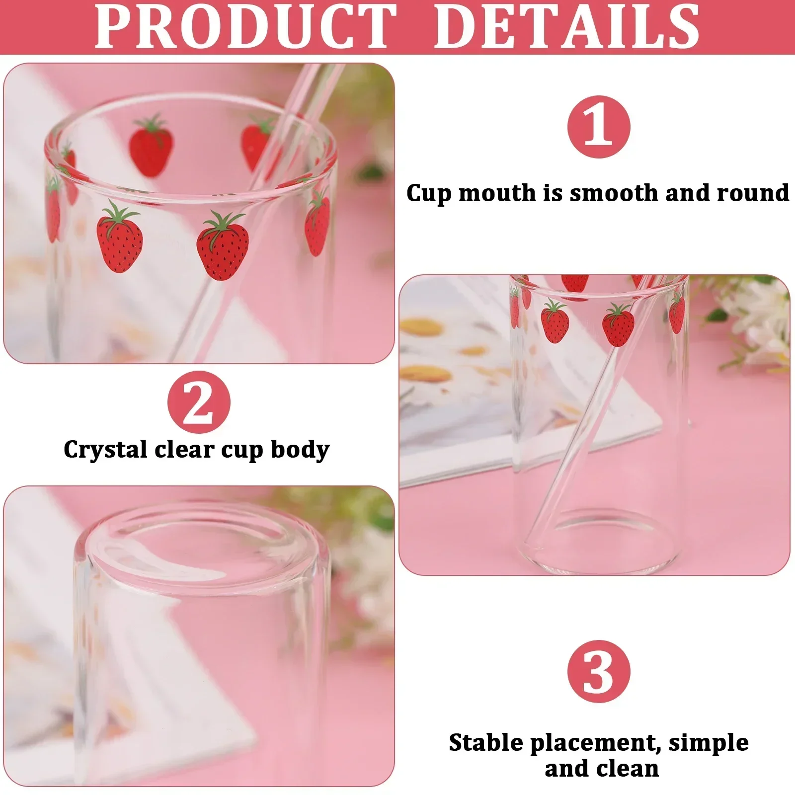 1-6pcs 300ml Strawberry Coffee Mugs Cute Glass Cup with Straw Creative Transparent Water Drinking Student Milk Gift Drinkware