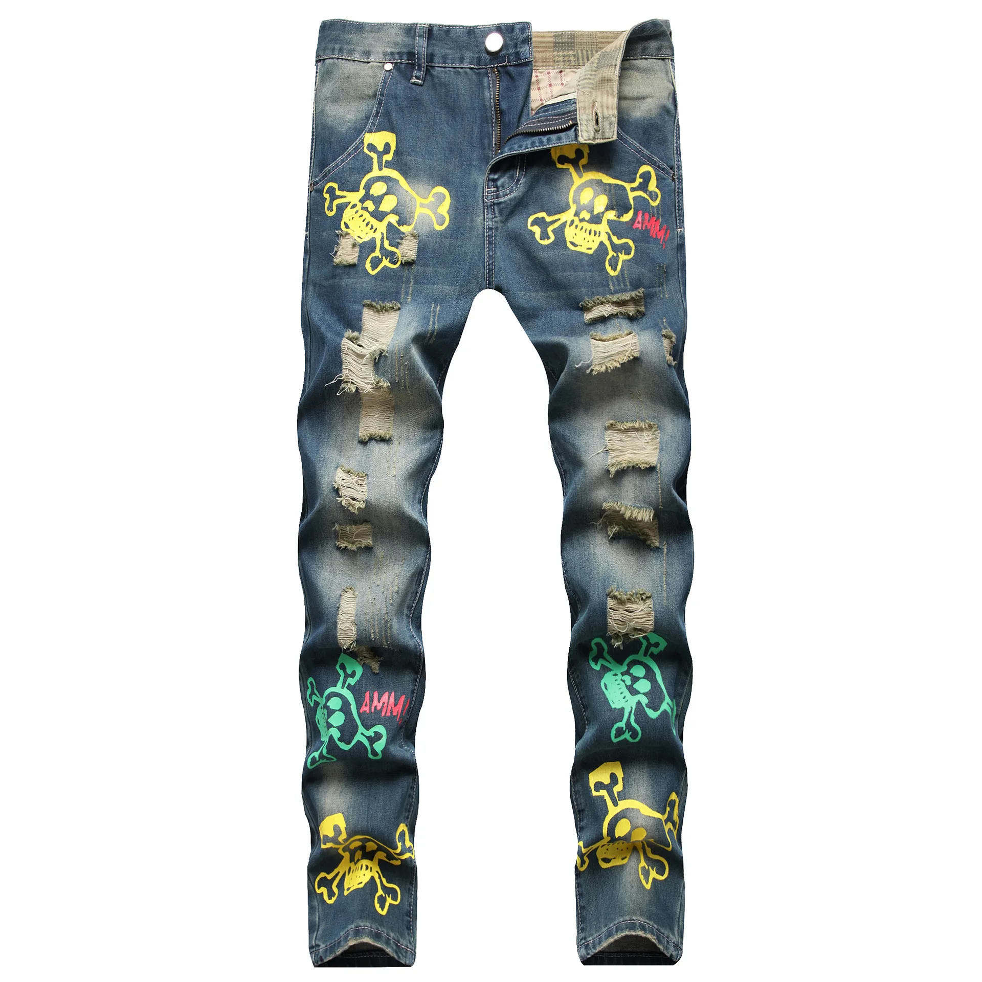 

Fashion stylish Men's blue jeans streetwear motorcycle ripped Skull printed hole torn ripped denim pants cool boy teen