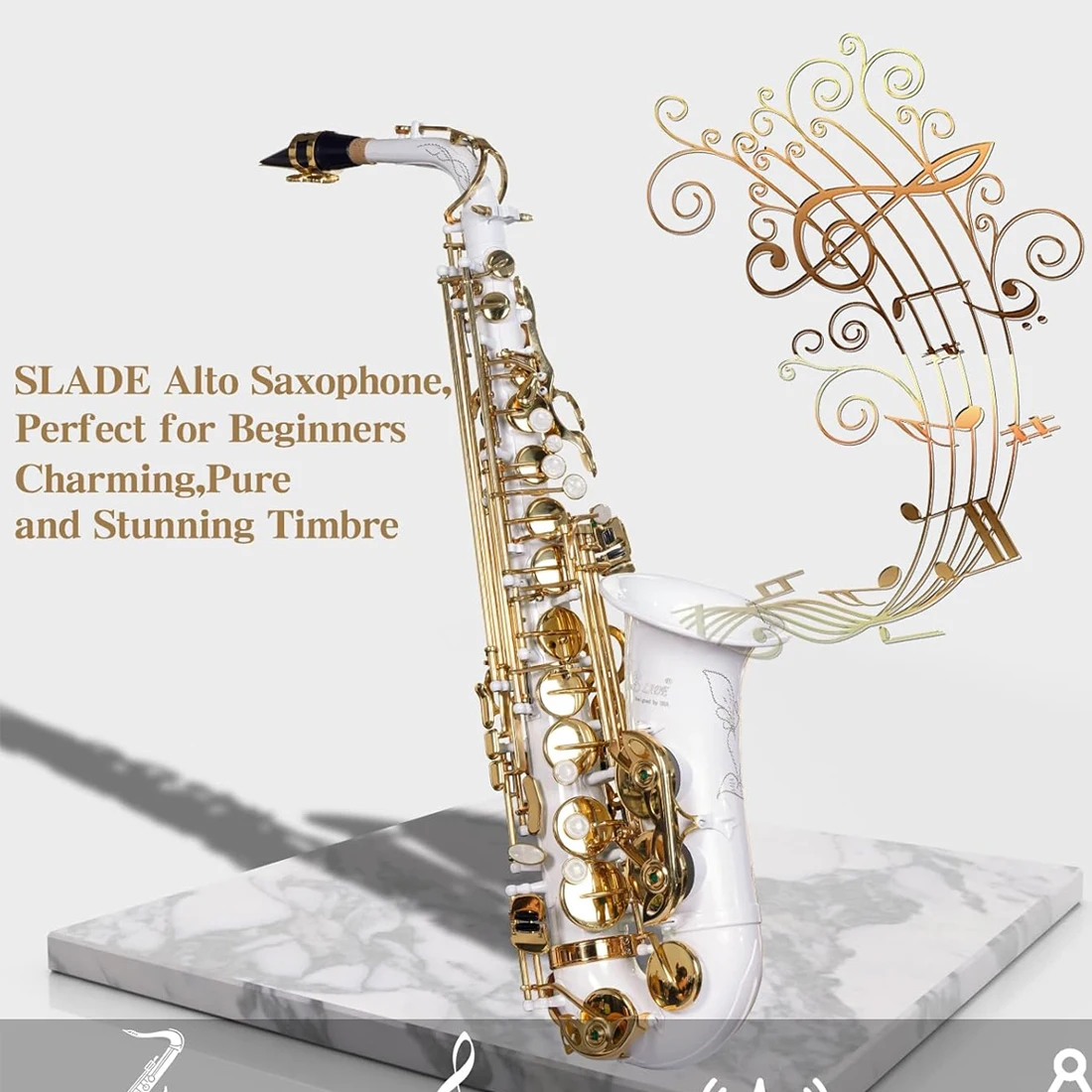 SLADE White Gold Key Alto Saxophone E Flat Saxophone Complete Set for Beginners Students with Box Cleaning Cloth Gloves Strap