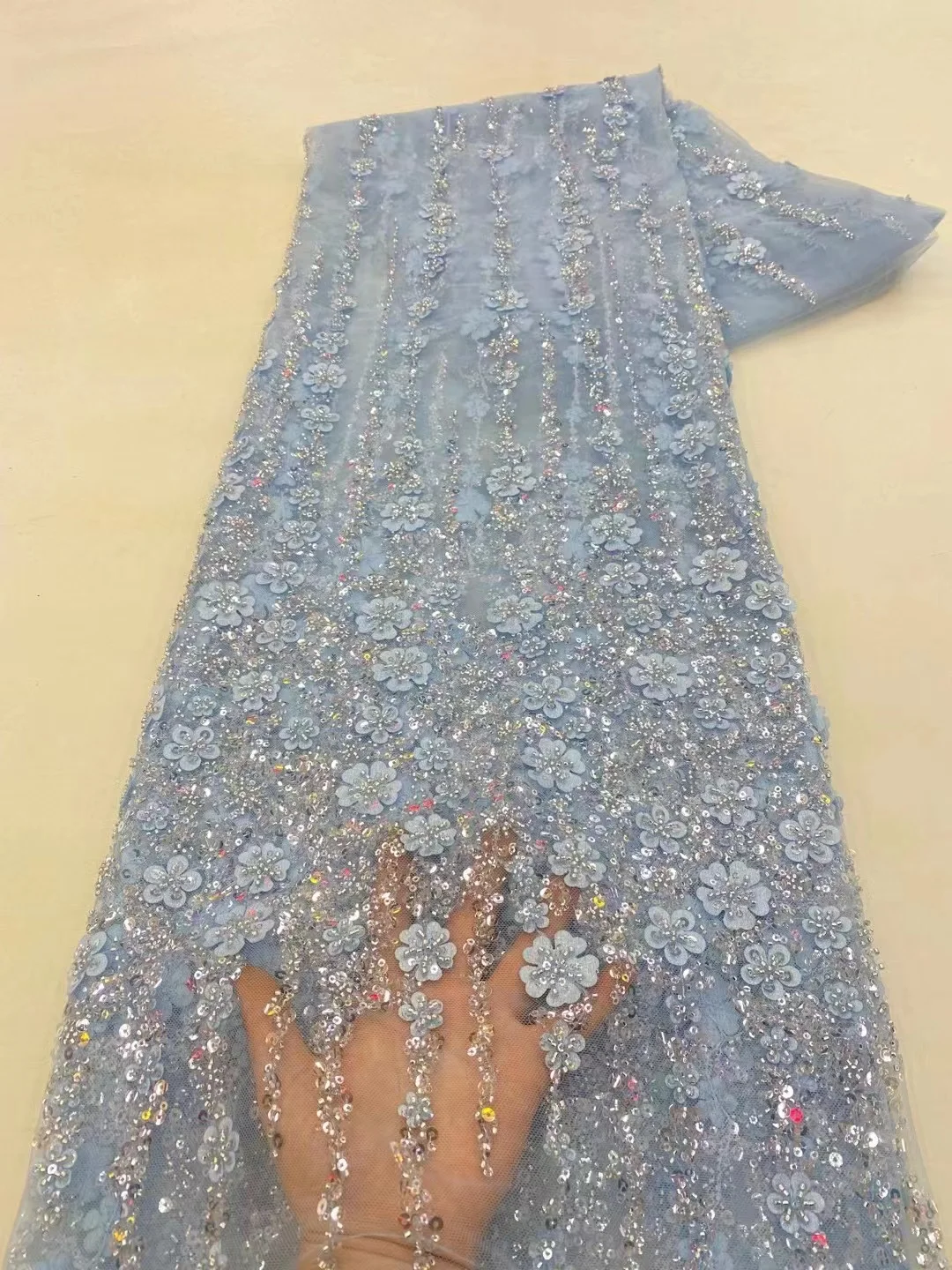 

2023 African Luxury Handmade Bead Lace Fabric Heavy Sequins Embroidery Fabric French Tulle Mesh Lace For Wedding Dress PL097-5