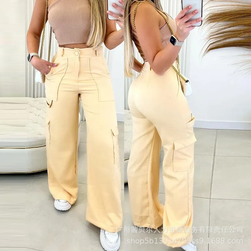 

Women's Wide Leg Pants Solid Color Buckle Pockets Casual High Waisted Long Wide Leg Pants 2024