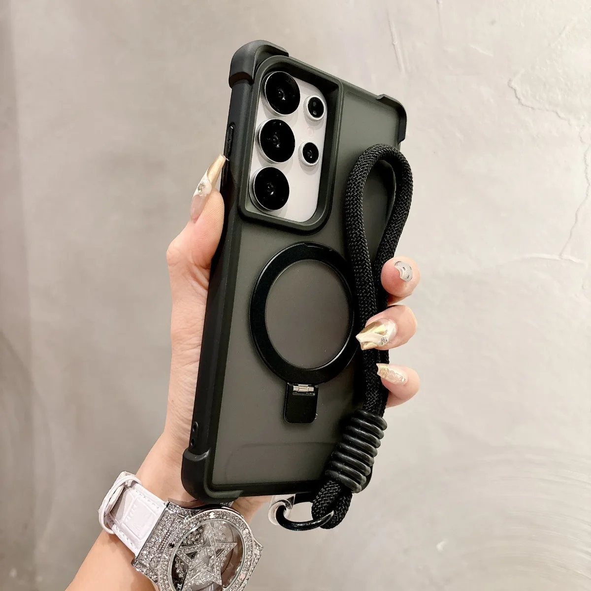 Armor Folding Magnetic Ring Stand Wrist Strap Shockproof Protective Phone Case