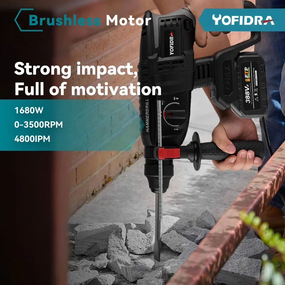 Yofidra 26mm Brushless Electric Hammer Electric Pick Impact Drill Multi-function Cordless Rotary Tool For Makita 18V Battery 6