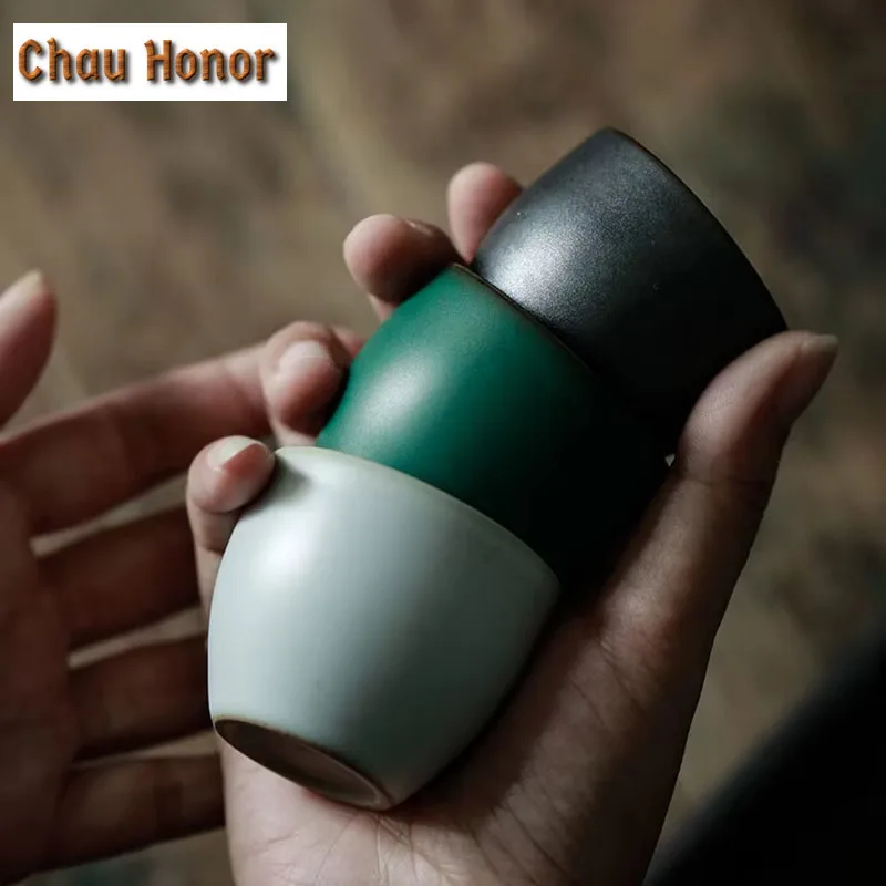2pcs/set Japanese Style Turquoise Coarse Ceramic Tea Cup Master Cup Household Puer Kung Fu Tea Set Tea Ceremony Accessories 45ml