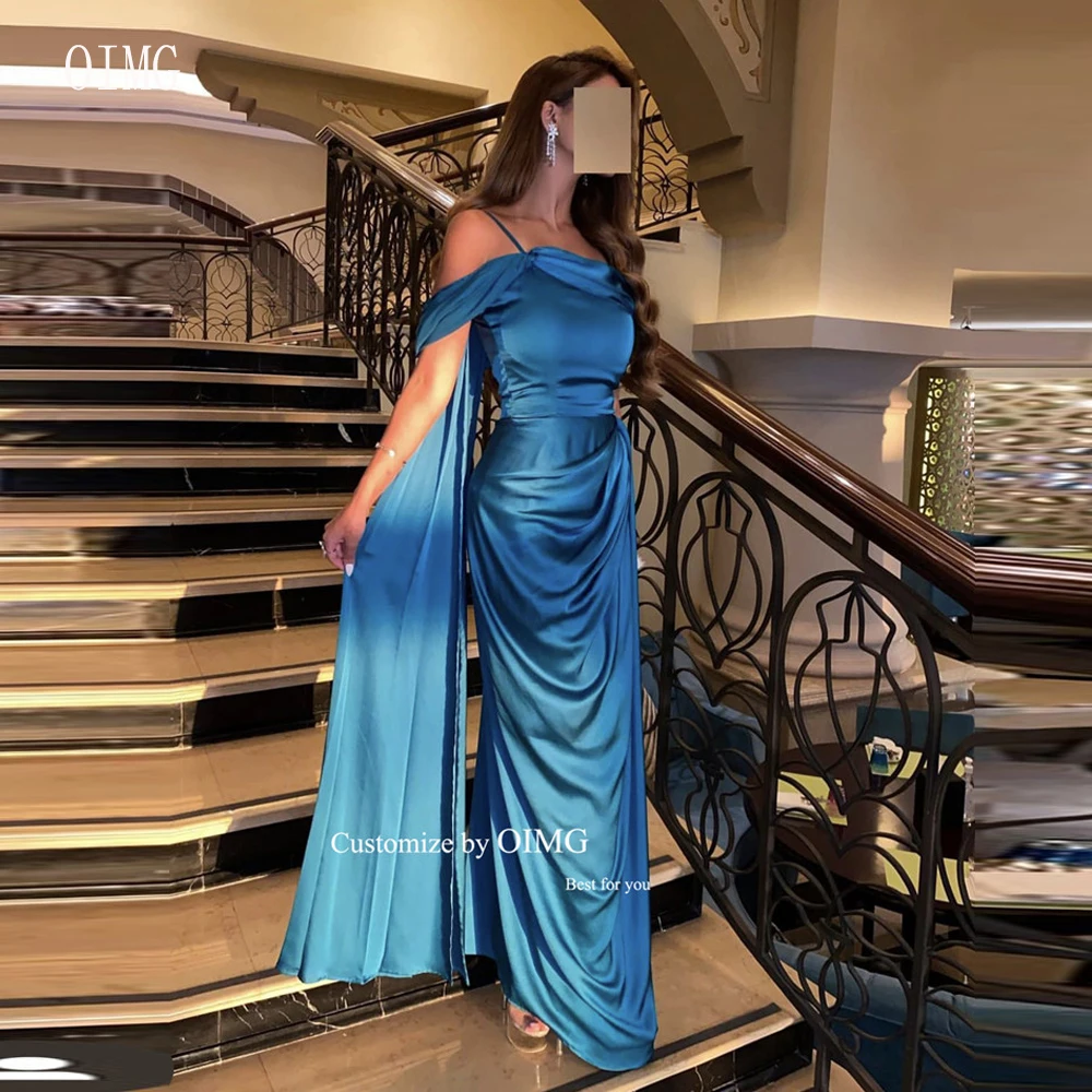 

OIMG Blue Silk Satin Evening Dresses Spaghetti Straps Long Cape Sleeves Pleats Saudi Arabic Women Prom Party Gowns Elegant