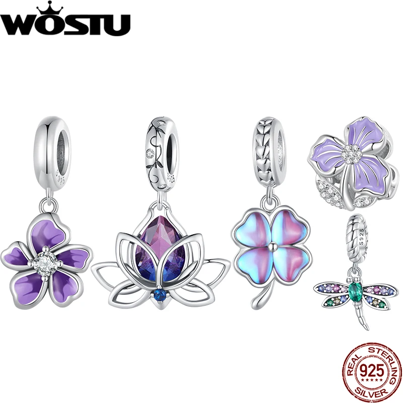 Wostu 925 Sterling Silver Purple Lotus Flower Charm Gradient Clover Dragonfly Ciondolo Fit Bracciale Originale Accessori Per Braccialetti