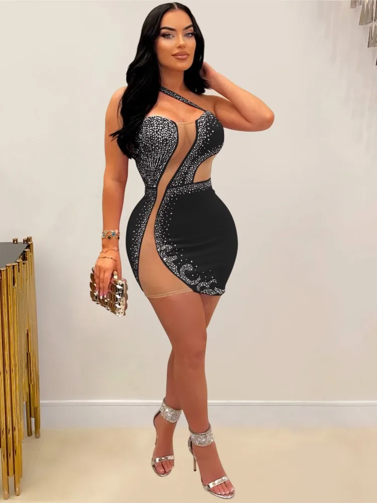 

RDMQ 2023 Women Diamonds Hot Rhinestones Mesh Patchwork One Shoulder Bodycon Midi Maxi Dress Evening Party Dresses Vestidos