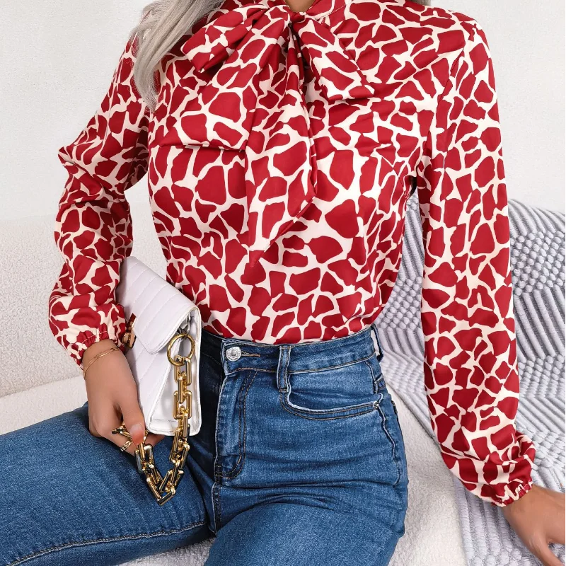 Womens Autumn and Winter  New V-neck Chiffon Shirt Contrast Bow Splicing Breathable and Soft Versatile Lantern Sleeve Tops