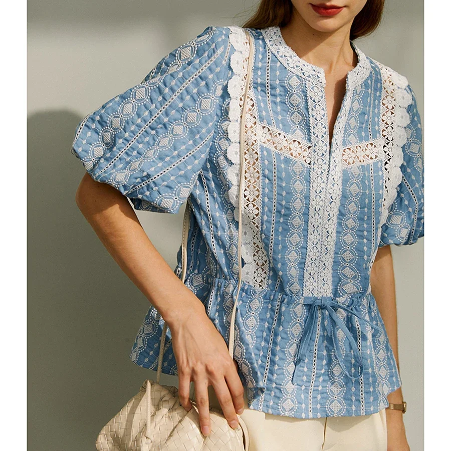 

GypsyLady Floral Emboridery Chic Shirt Blouse Vintage French Blue Autumn Women Blouse Lantern Sleeve Lace Sexy Ladies Shirt Tops