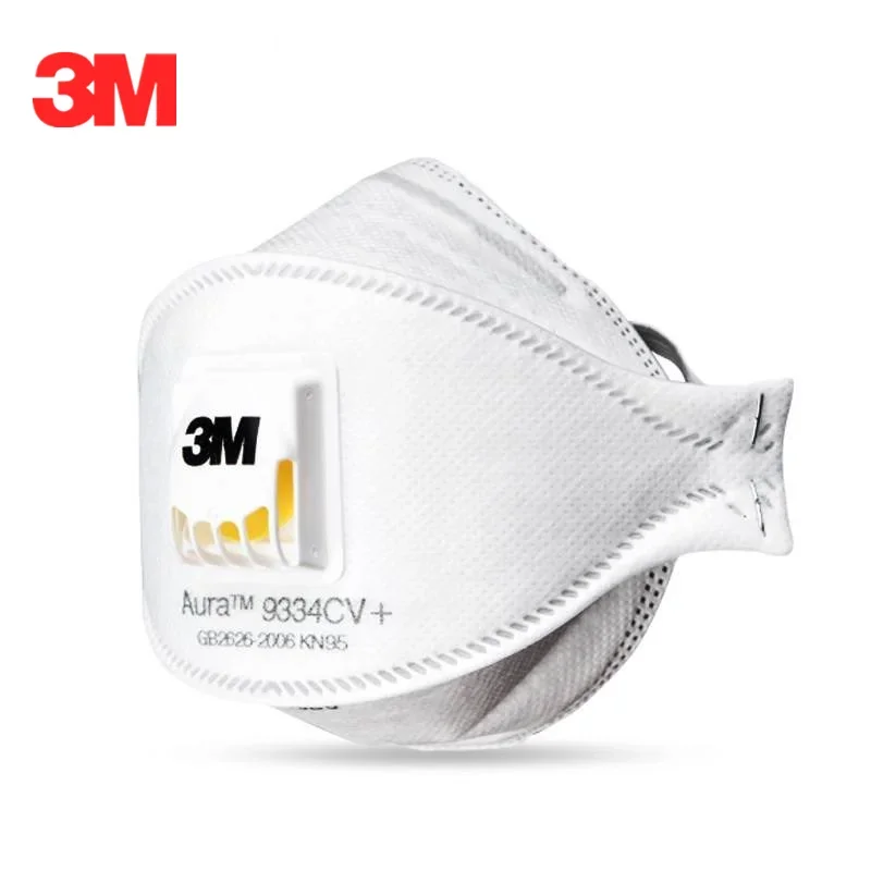Masque 3M Aura 9334CV FFP2 porté par un modèle, ajustement nasal et élastiques confortables.