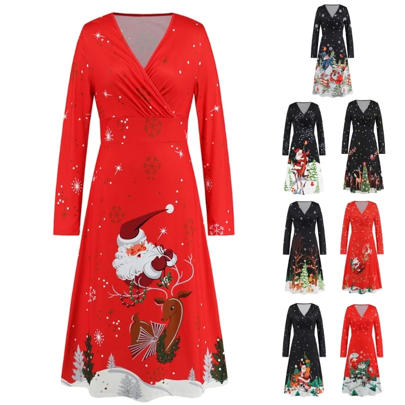 

Christmas Daily Dresses Ugly Christmas Dress V Neck Long Sleeve Holiday Dresses P8DB