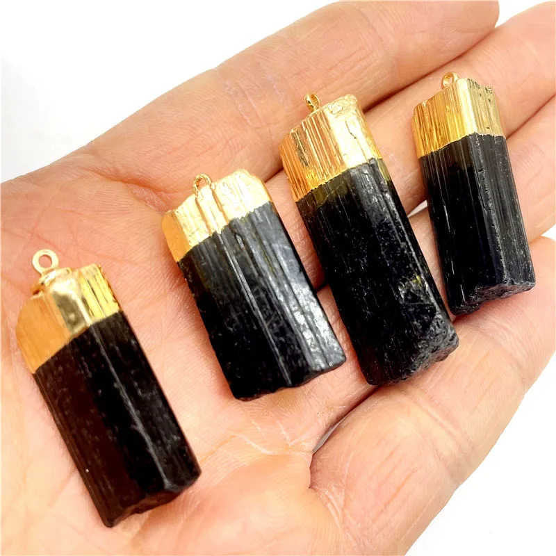 

Natural Gem Stone Black Raw Ore Tourmaline Gold Edge Irregular Shape Pendant Reiki Healing Energy Jewelry Making Necklace 6Pcs