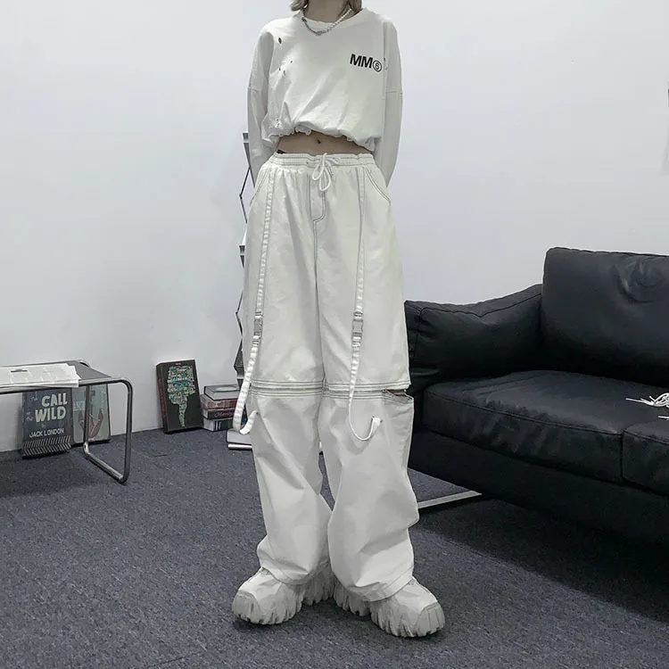 leather pants White Cargo Pants Women Emo Streetwear Black Wide Leg Trousers Baggy Grunge Punk Pockets Hippie Hollow Out Loose women's fashion